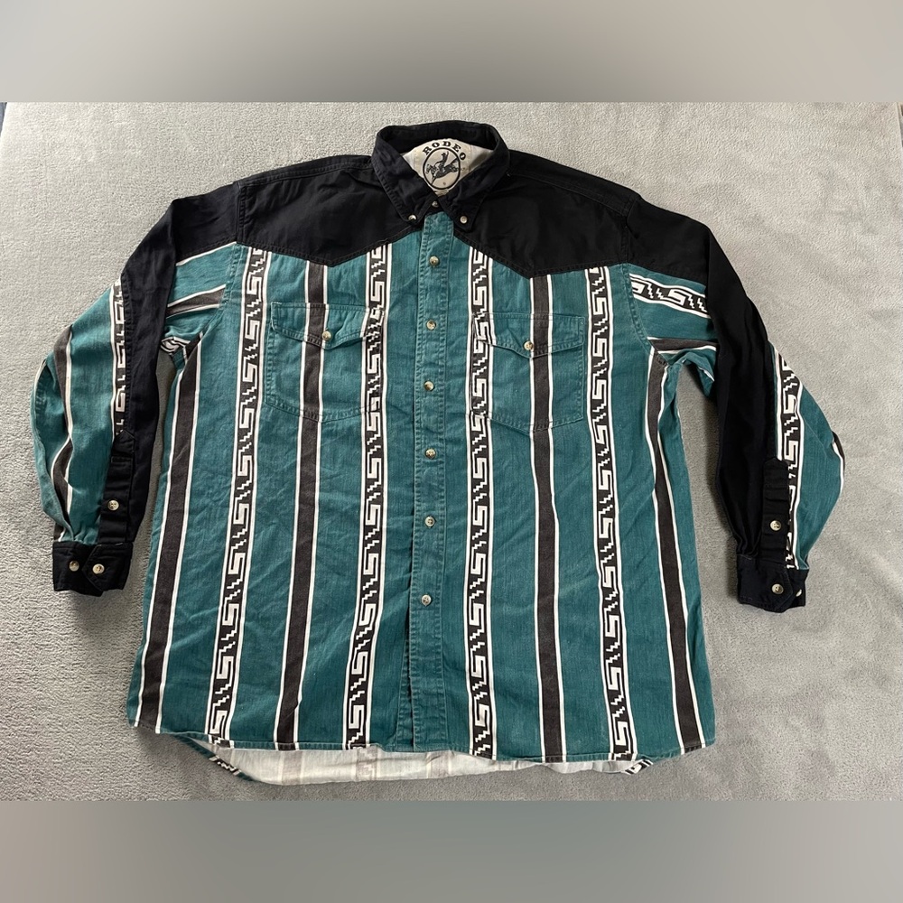 Vintage Rodeo Active Cowboy Button Shirt Mens XL Aztec Striped Black W/ Pockets